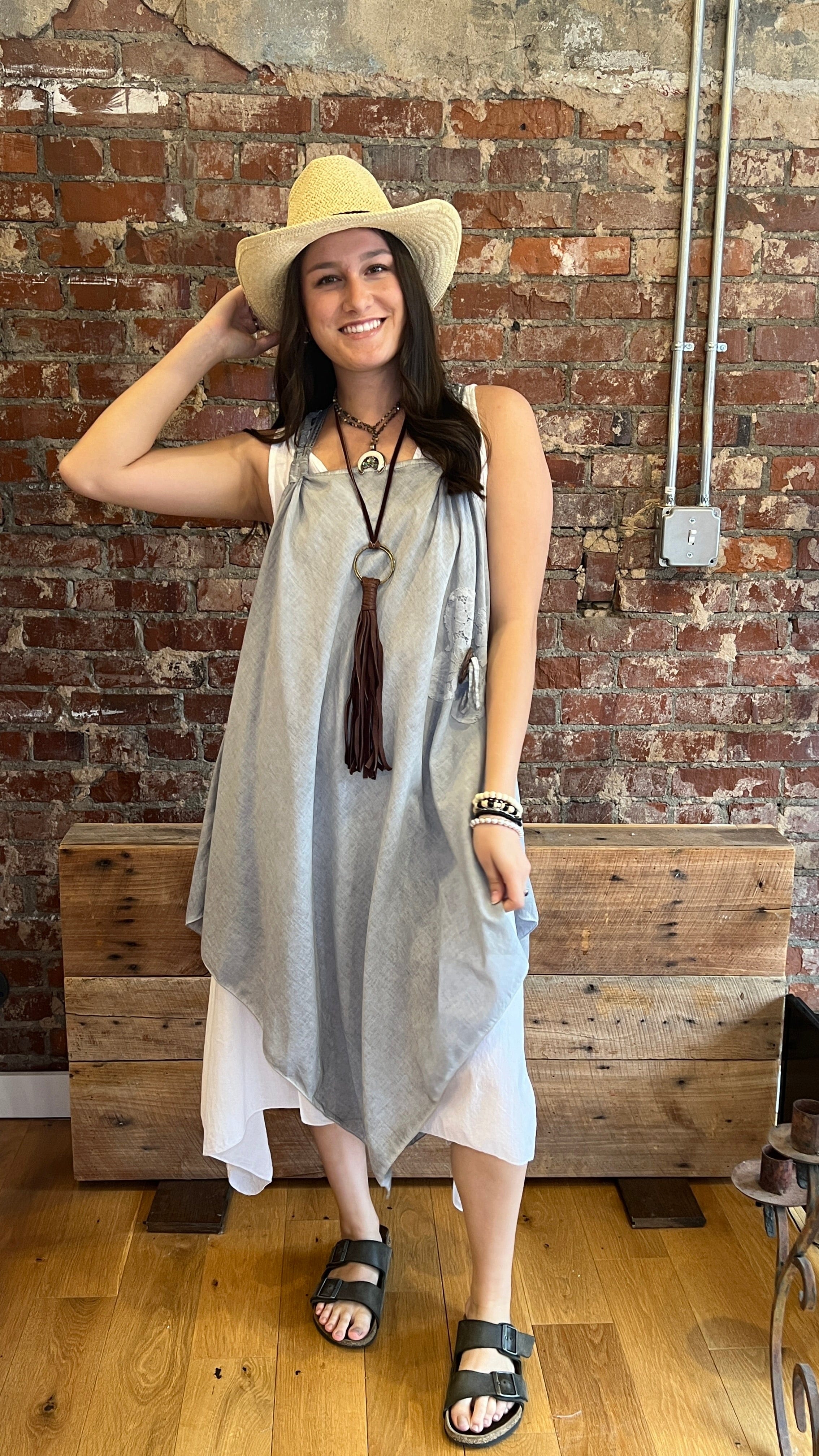 Grey Boho Cotton Dress with Double Layer