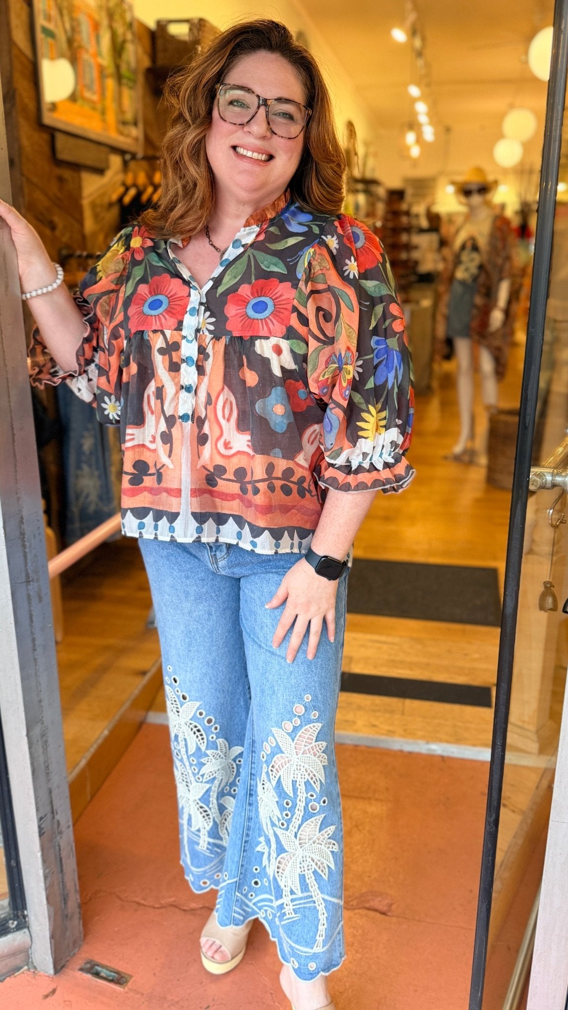Abstract Flower Garden Boho Button Front Top - Rebecca James Clothing