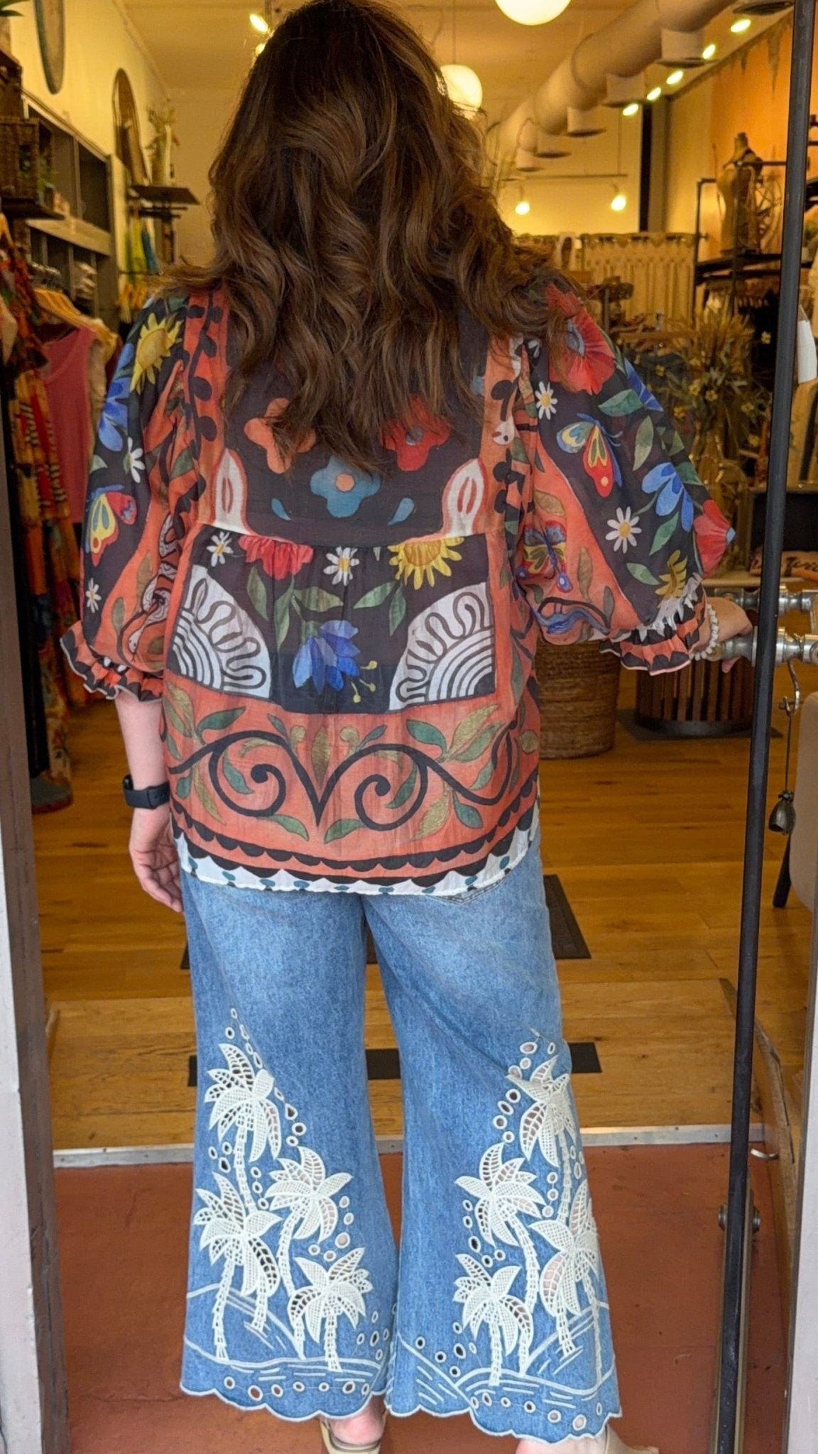 Abstract Flower Garden Boho Button Front Top - Rebecca James Clothing