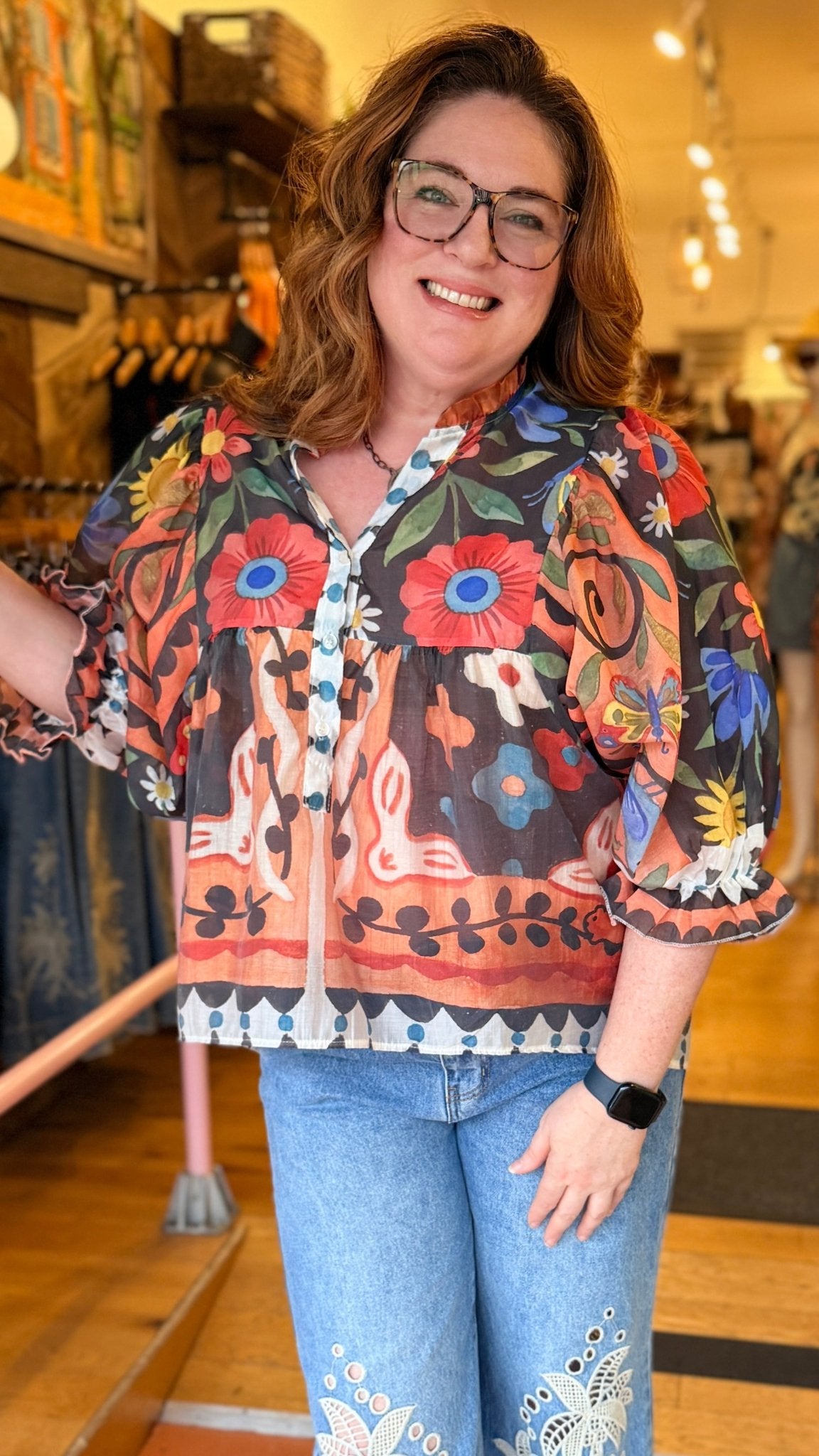 Abstract Flower Garden Boho Button Front Top - Rebecca James Clothing