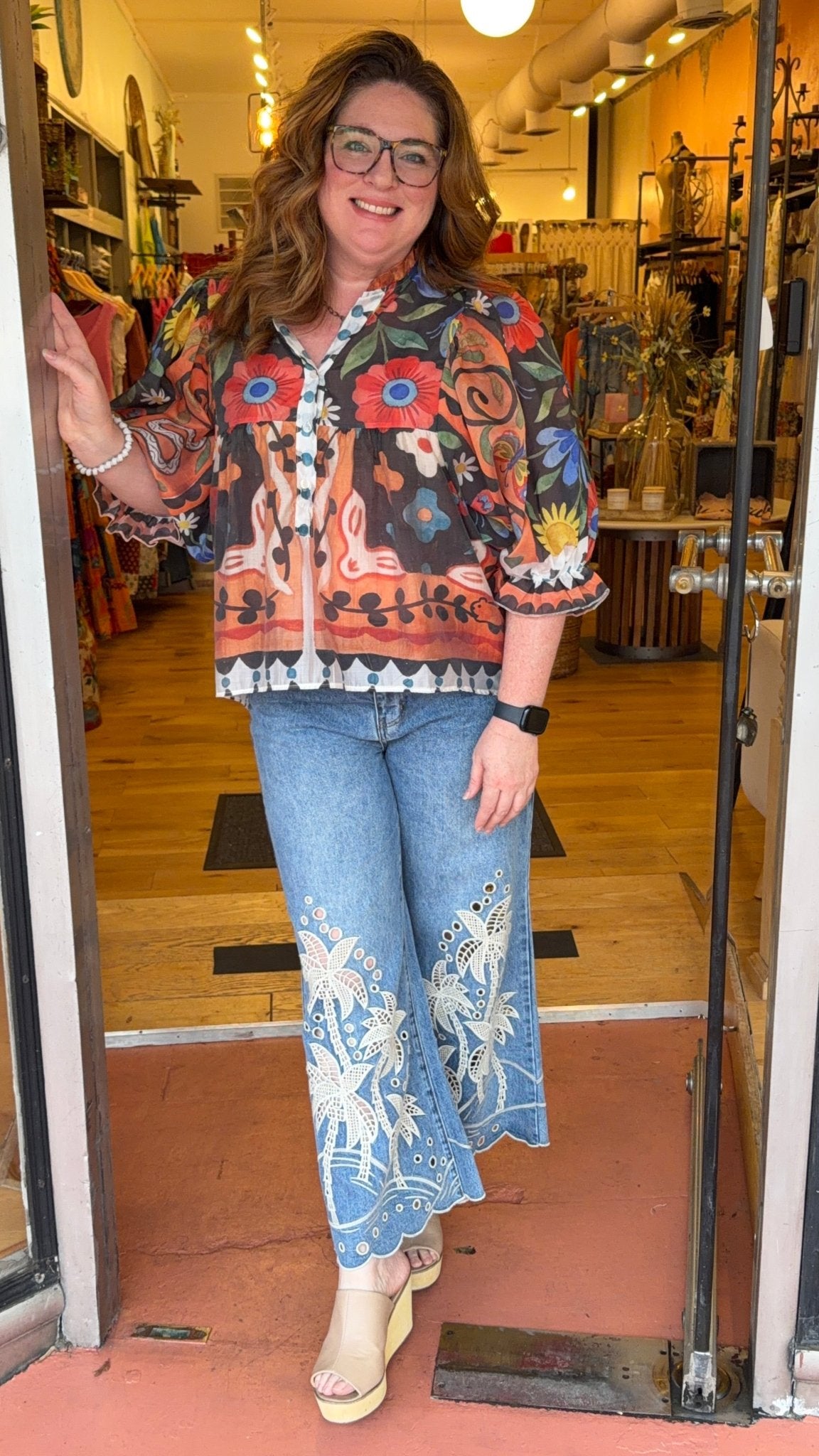 Abstract Flower Garden Boho Button Front Top - Rebecca James Clothing