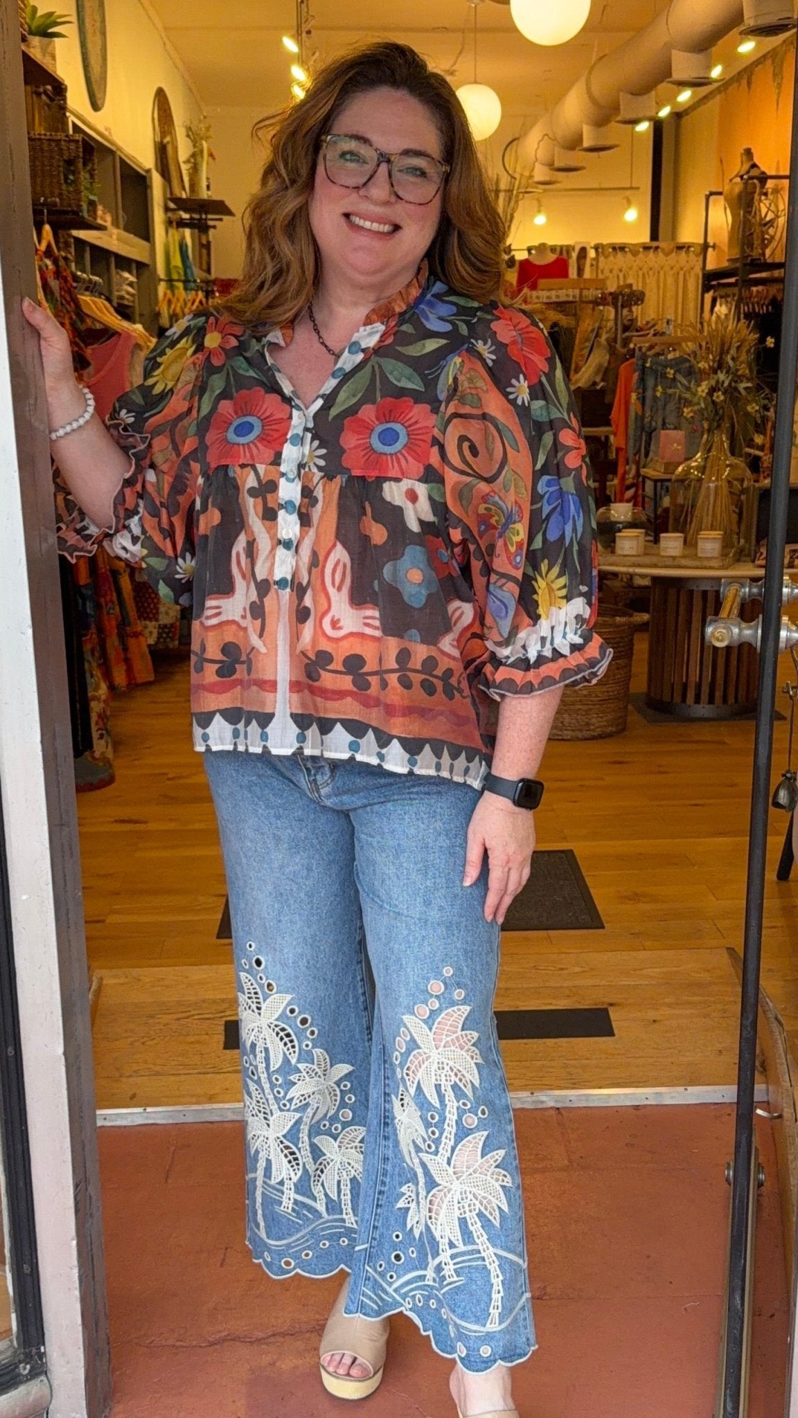 Abstract Flower Garden Boho Button Front Top - Rebecca James Clothing
