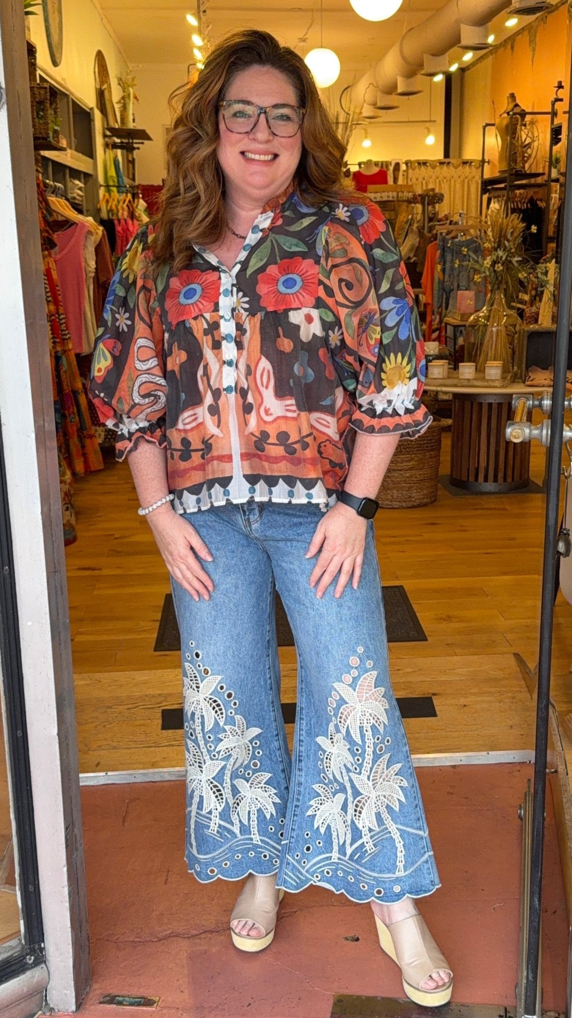 Abstract Flower Garden Boho Button Front Top - Rebecca James Clothing