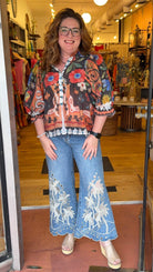 Abstract Flower Garden Boho Button Front Top - Rebecca James Clothing