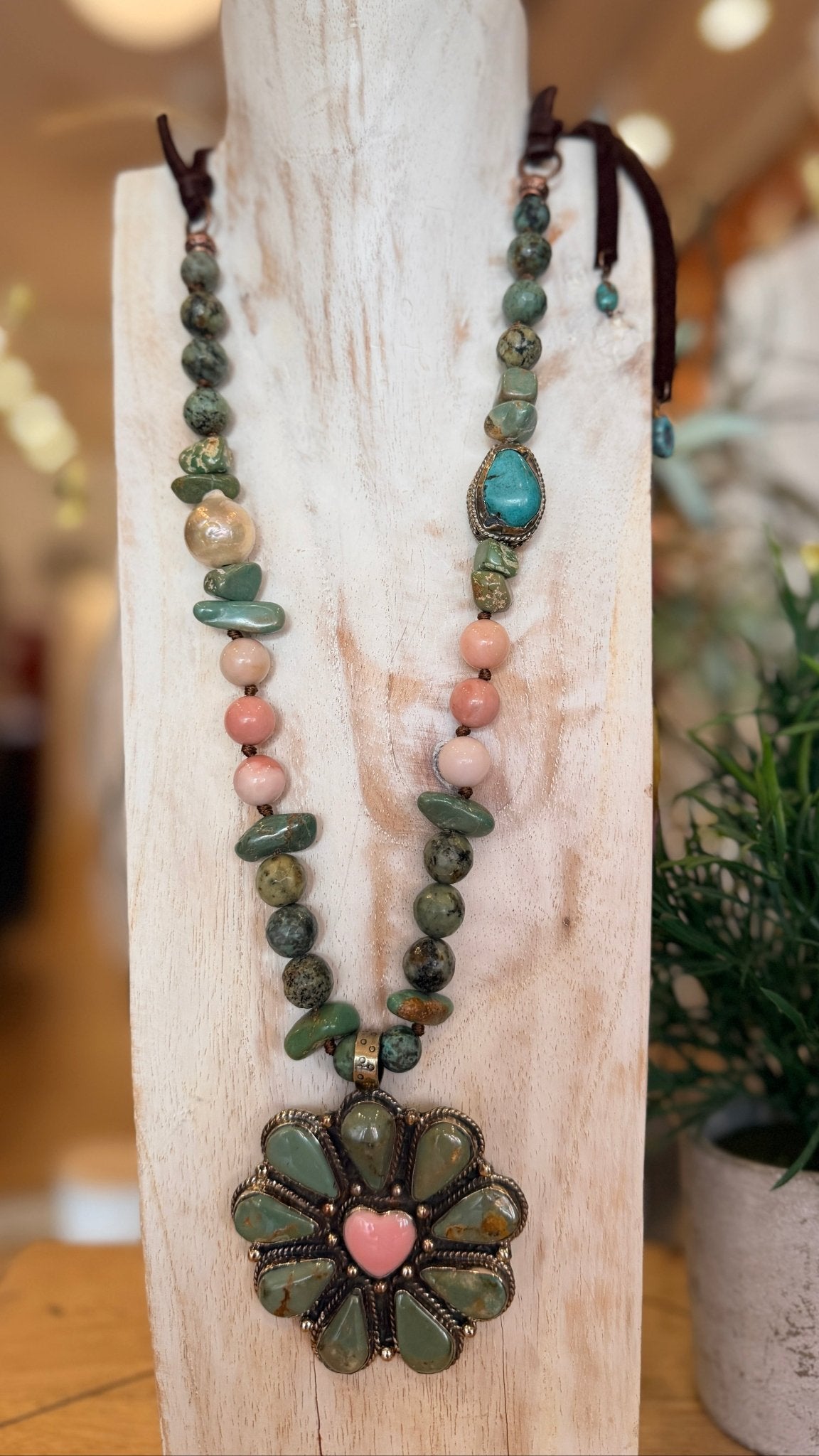 African Turquoise with Pink Conch Shell & Fresh Water Pearl Necklace - Rebecca James Clothing