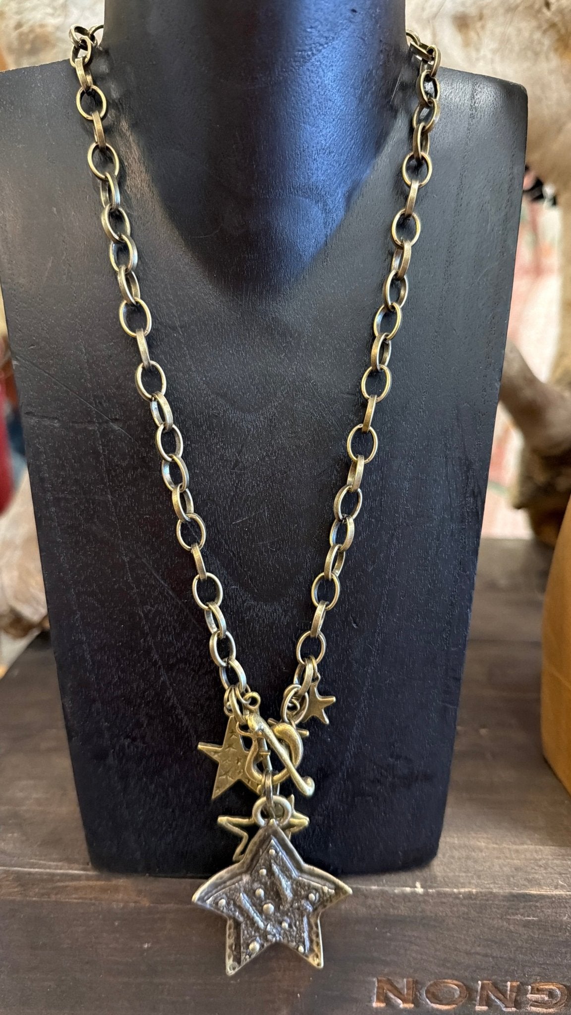 Antique Bronzed Multi Star Toggle Clasp Necklace - Rebecca James Clothing
