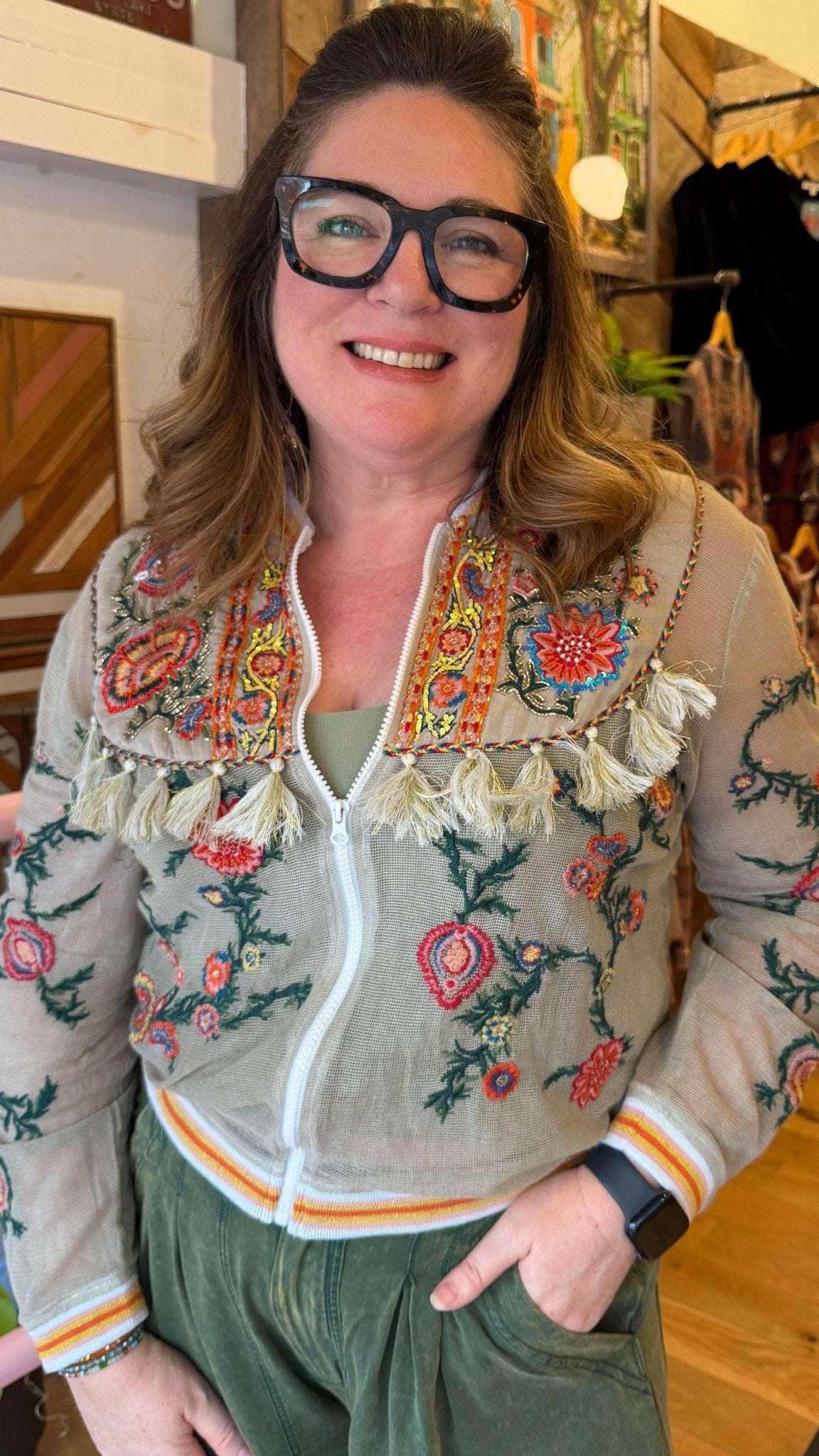 Aratta Bohemian Floral Embroidered Mesh Bomber Jacket - Rebecca James Clothing