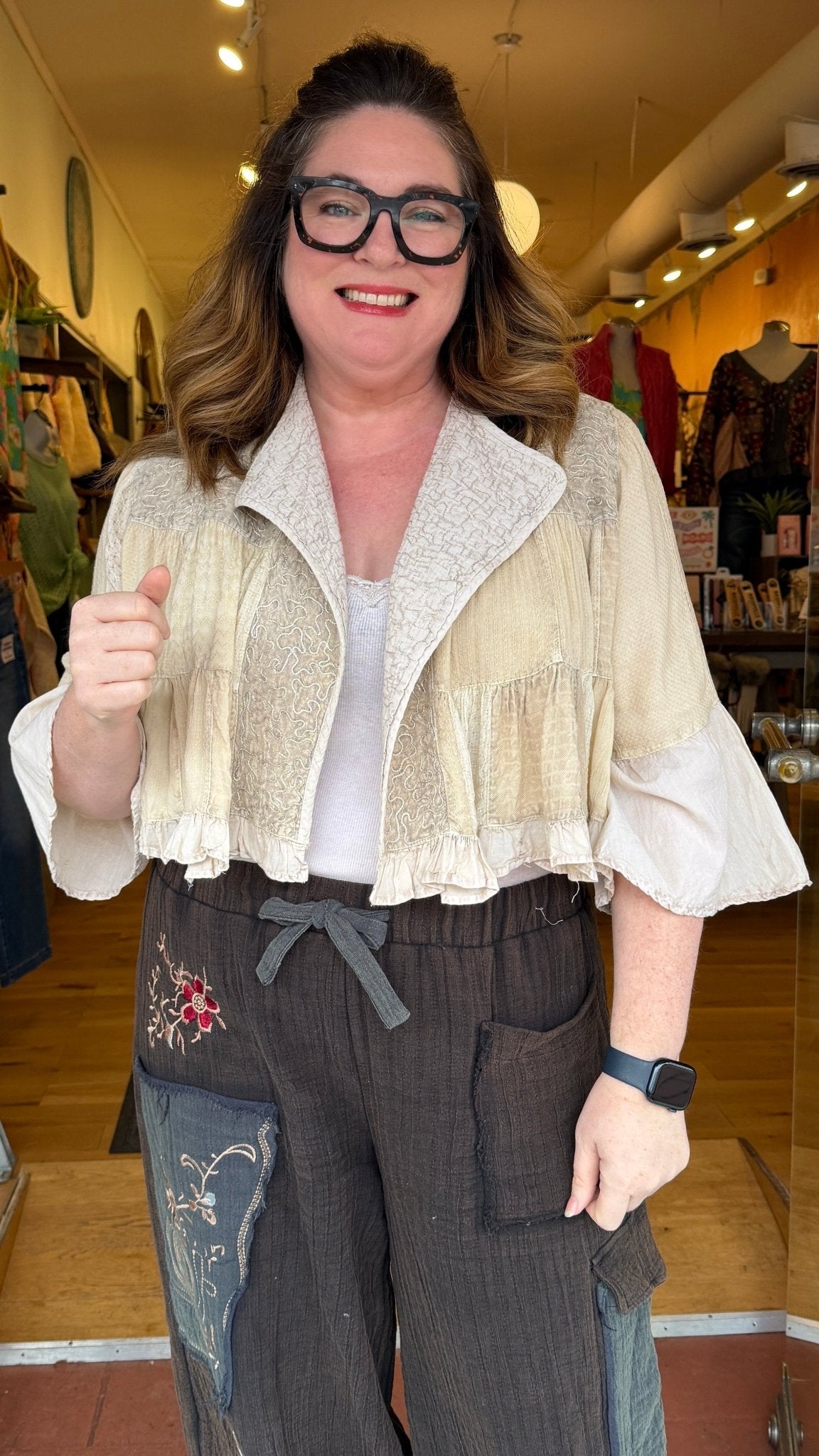 Aria Antique Cream Embroidered Bell Sleeve Crop Jacket - Rebecca James Clothing