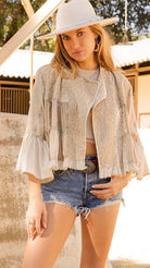 Aria Antique Cream Embroidered Bell Sleeve Crop Jacket - Rebecca James Clothing