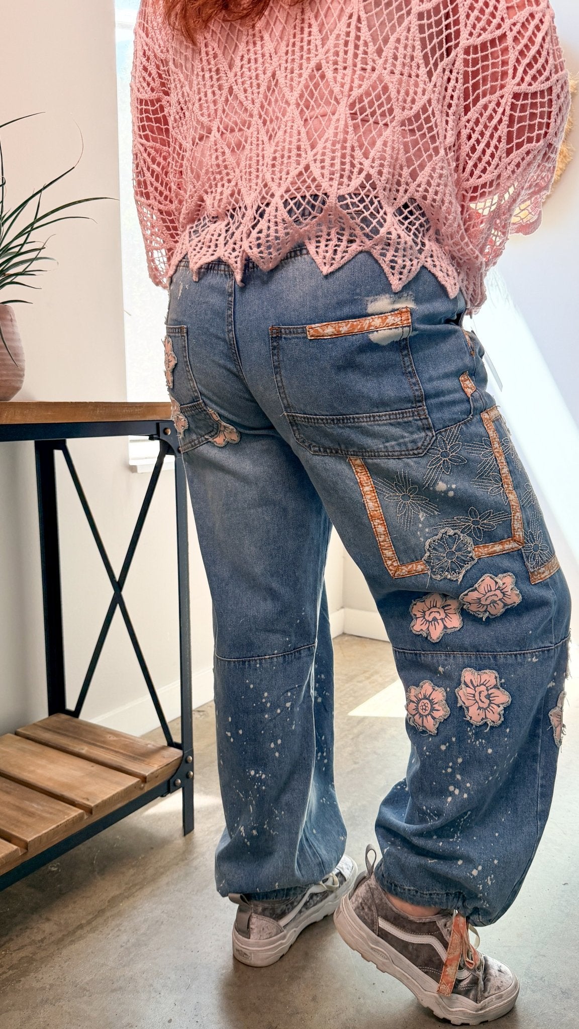 Artisan Bloom: Floral Patchwork Boho Jogger Jeans - Rebecca James Clothing