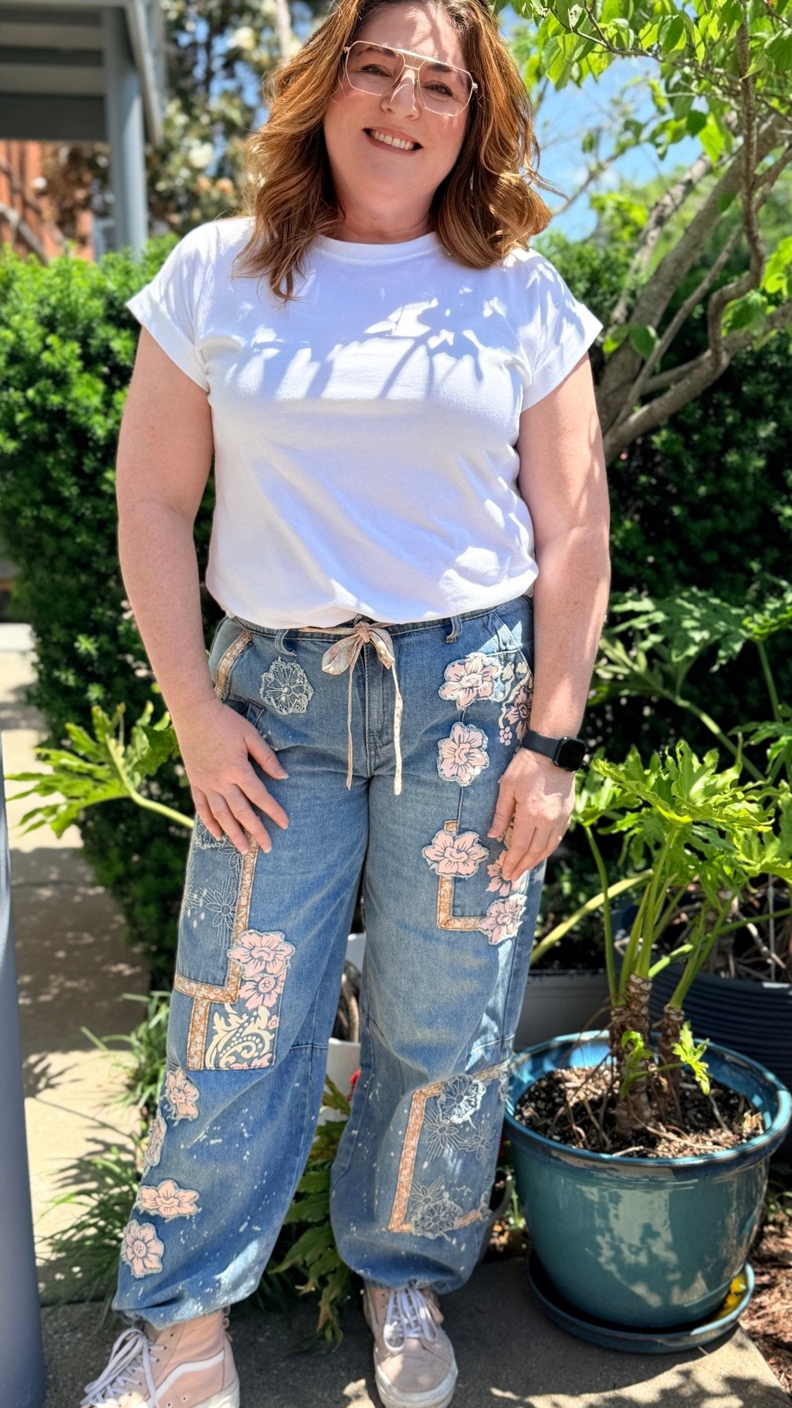 Artisan Bloom: Floral Patchwork Boho Jogger Jeans - Rebecca James Clothing