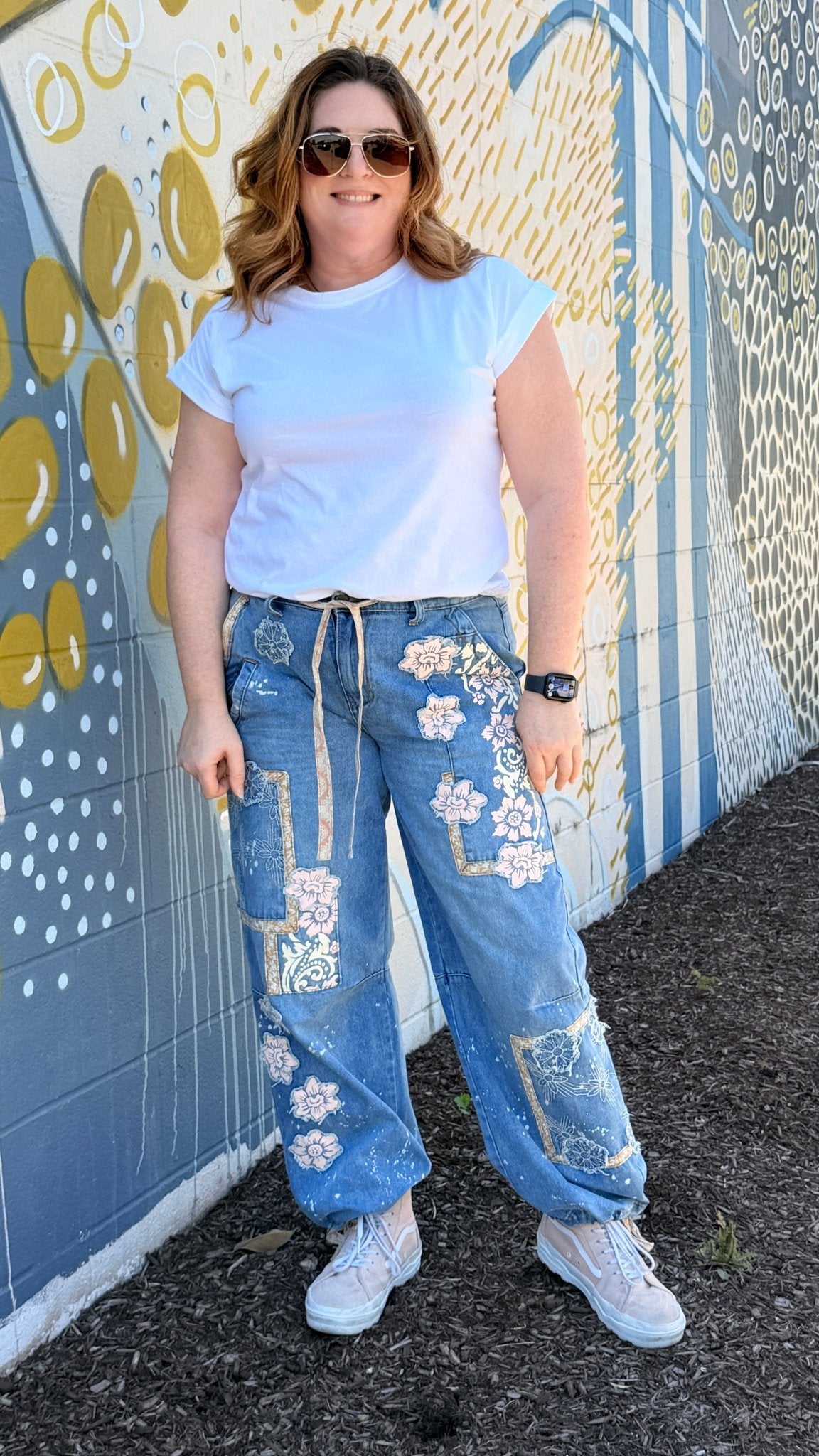 Artisan Bloom: Floral Patchwork Boho Jogger Jeans - Rebecca James Clothing