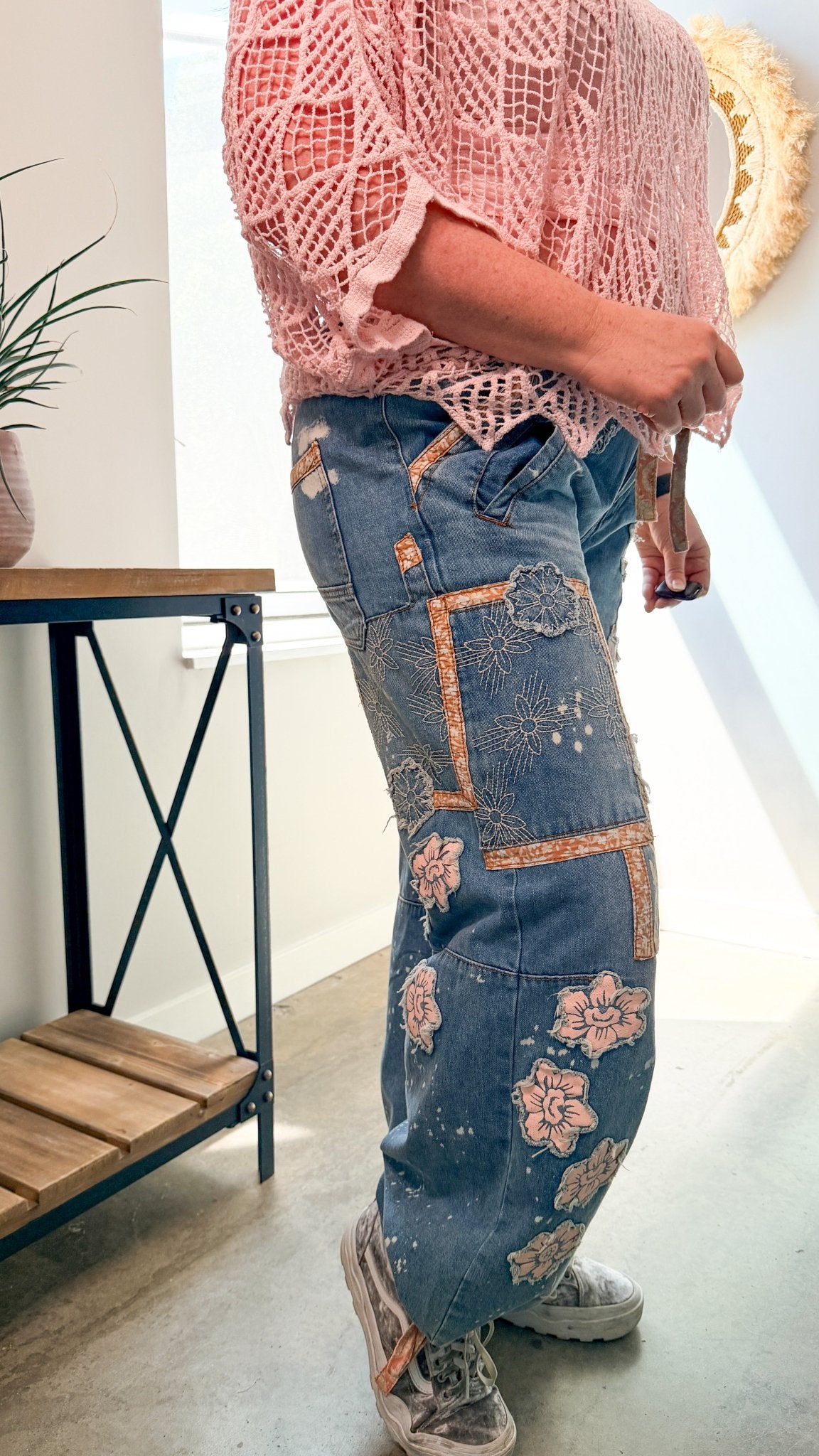 Artisan Bloom: Floral Patchwork Boho Jogger Jeans - Rebecca James Clothing