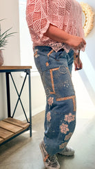 Artisan Bloom: Floral Patchwork Boho Jogger Jeans - Rebecca James Clothing