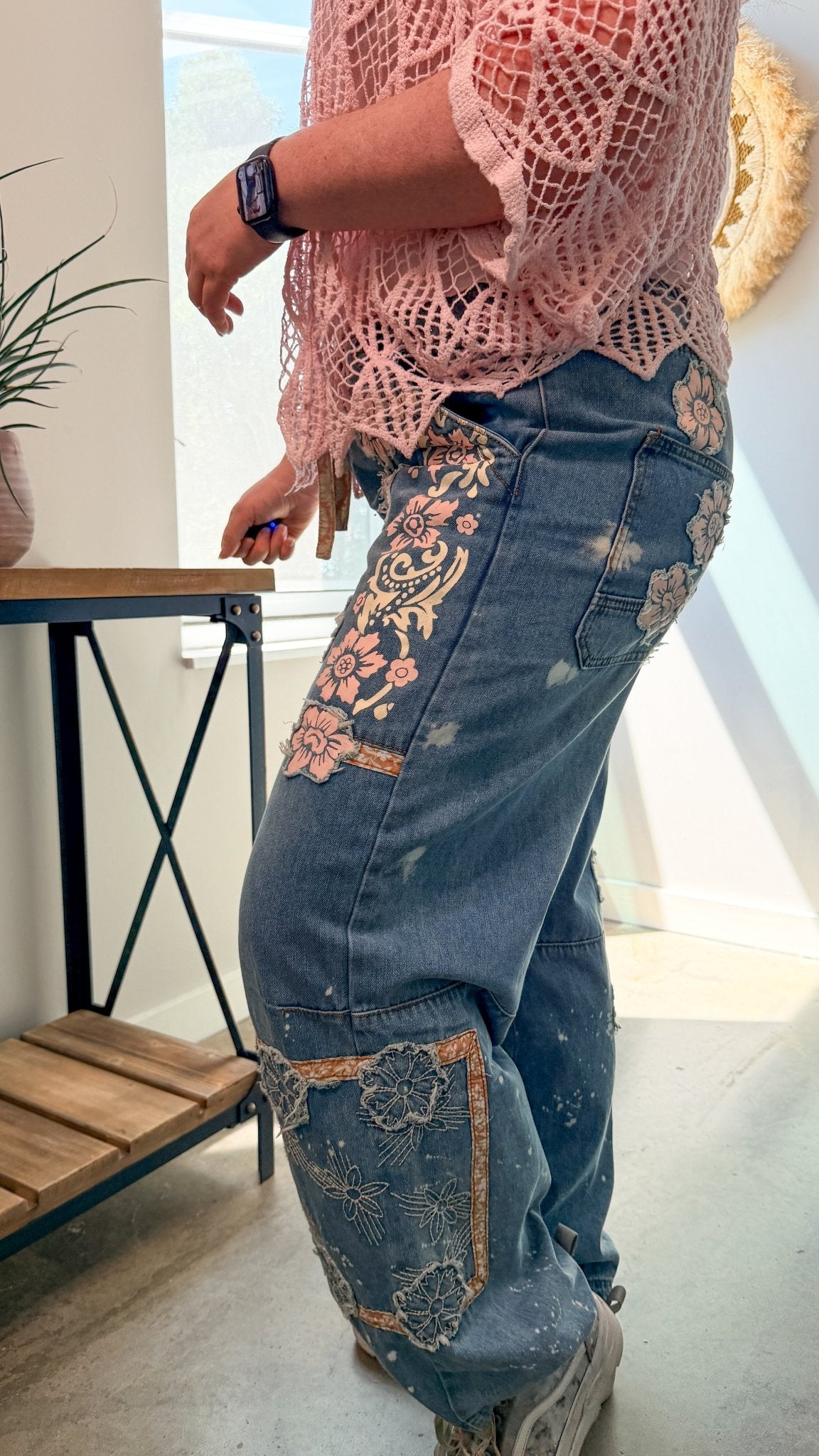 Artisan Bloom: Floral Patchwork Boho Jogger Jeans - Rebecca James Clothing