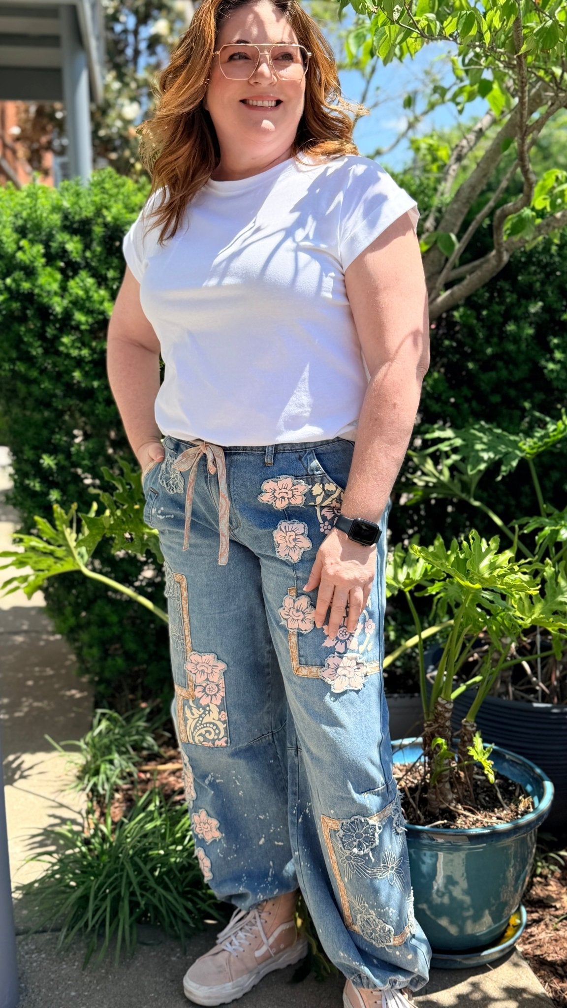 Artisan Bloom: Floral Patchwork Boho Jogger Jeans - Rebecca James Clothing