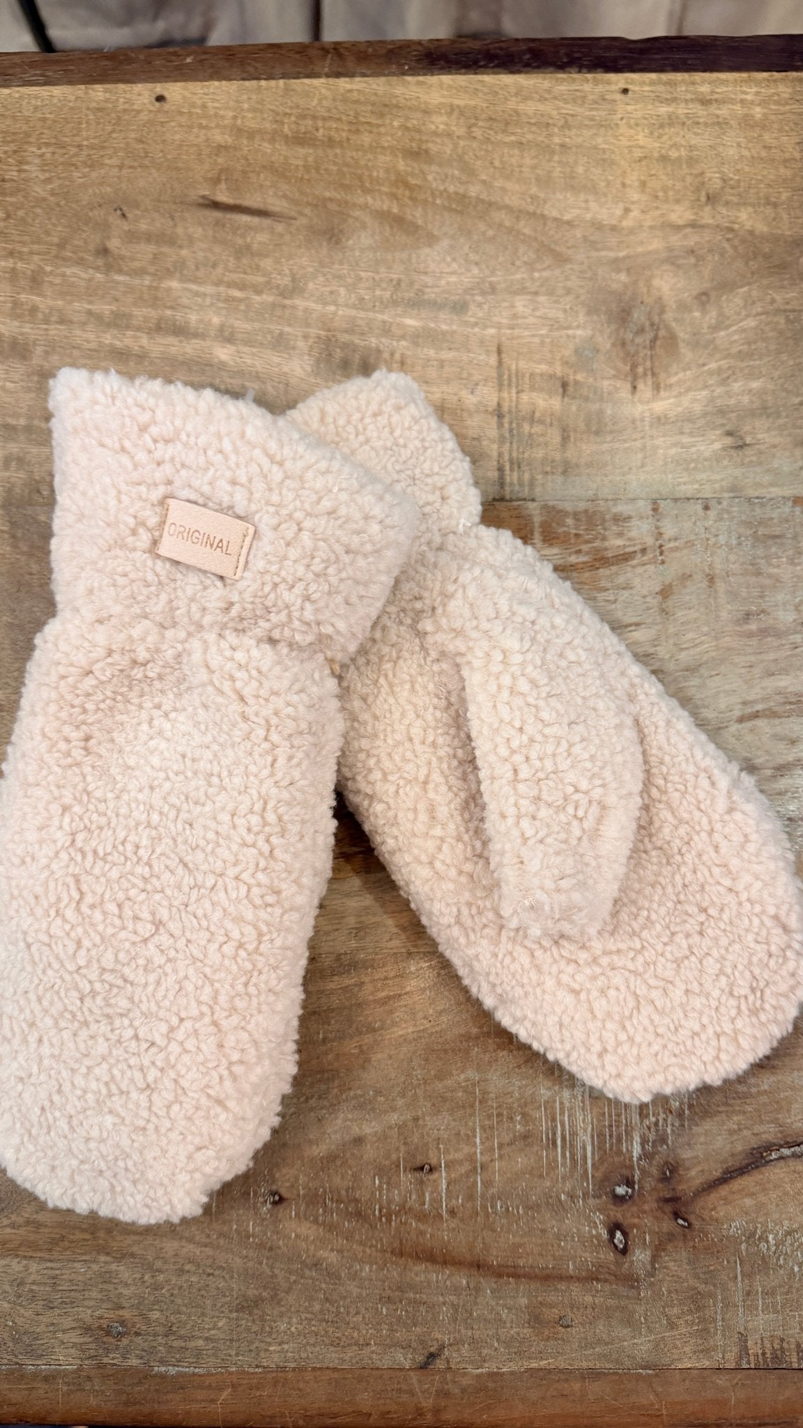 Beige Sherpa Fuzzy Mittens - Rebecca James Clothing