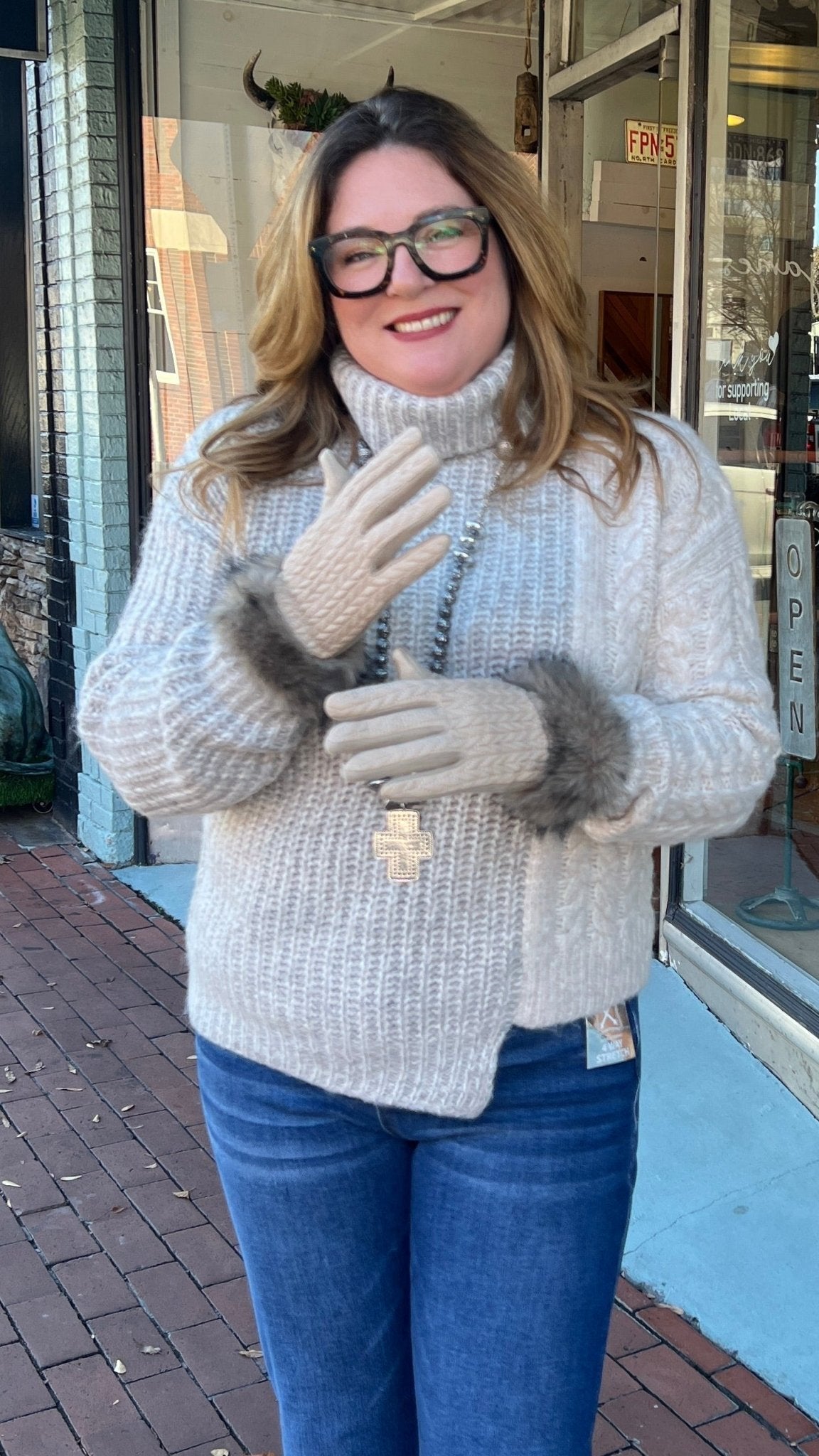 Beige Textured Faux Fur Gloves - Rebecca James Clothing