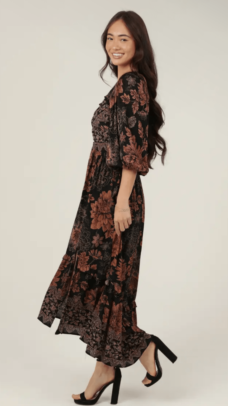 Black Boho Twist Front Fall Dress - Rebecca James Clothing
