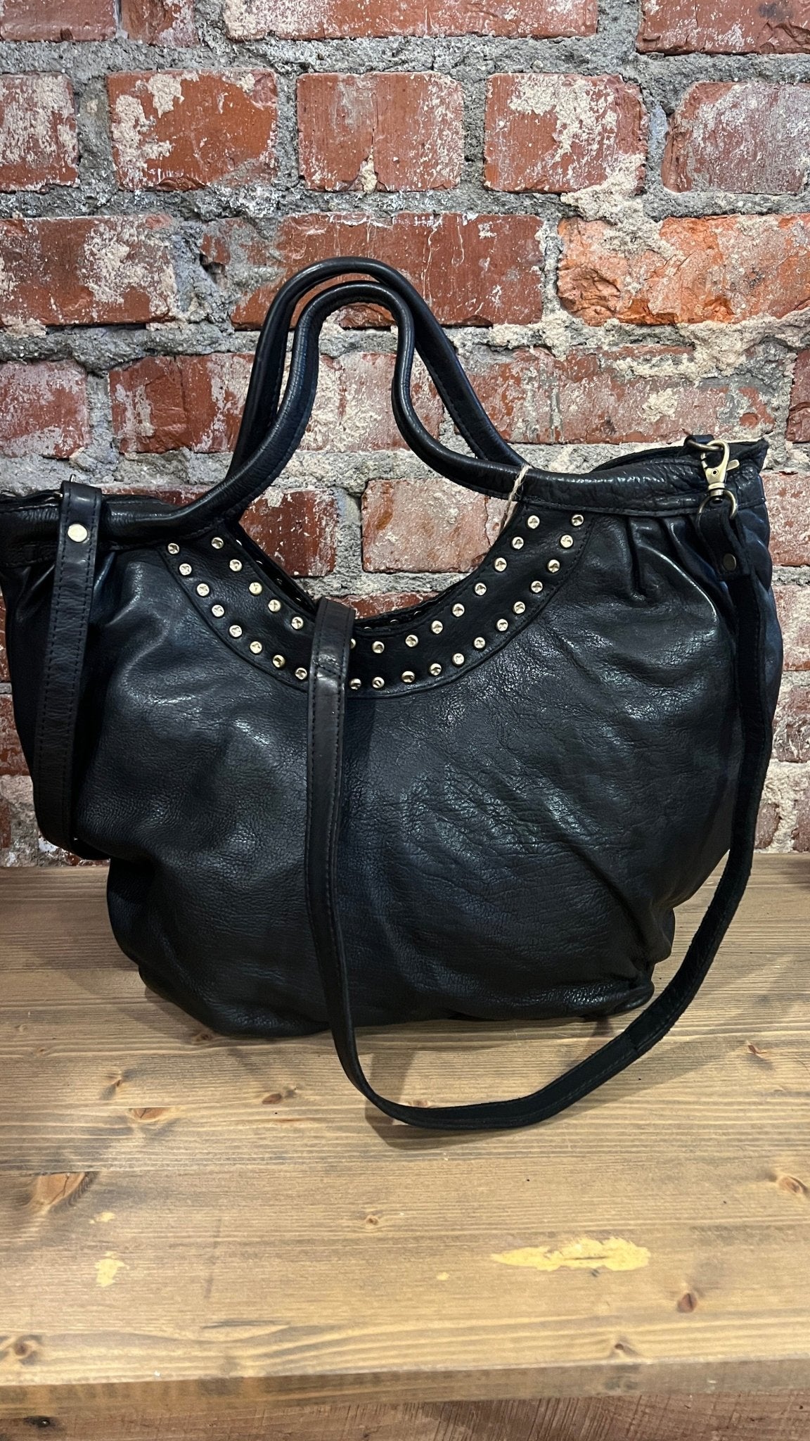 Black Leather Studded Hobo Style Handbag - Rebecca James Clothing