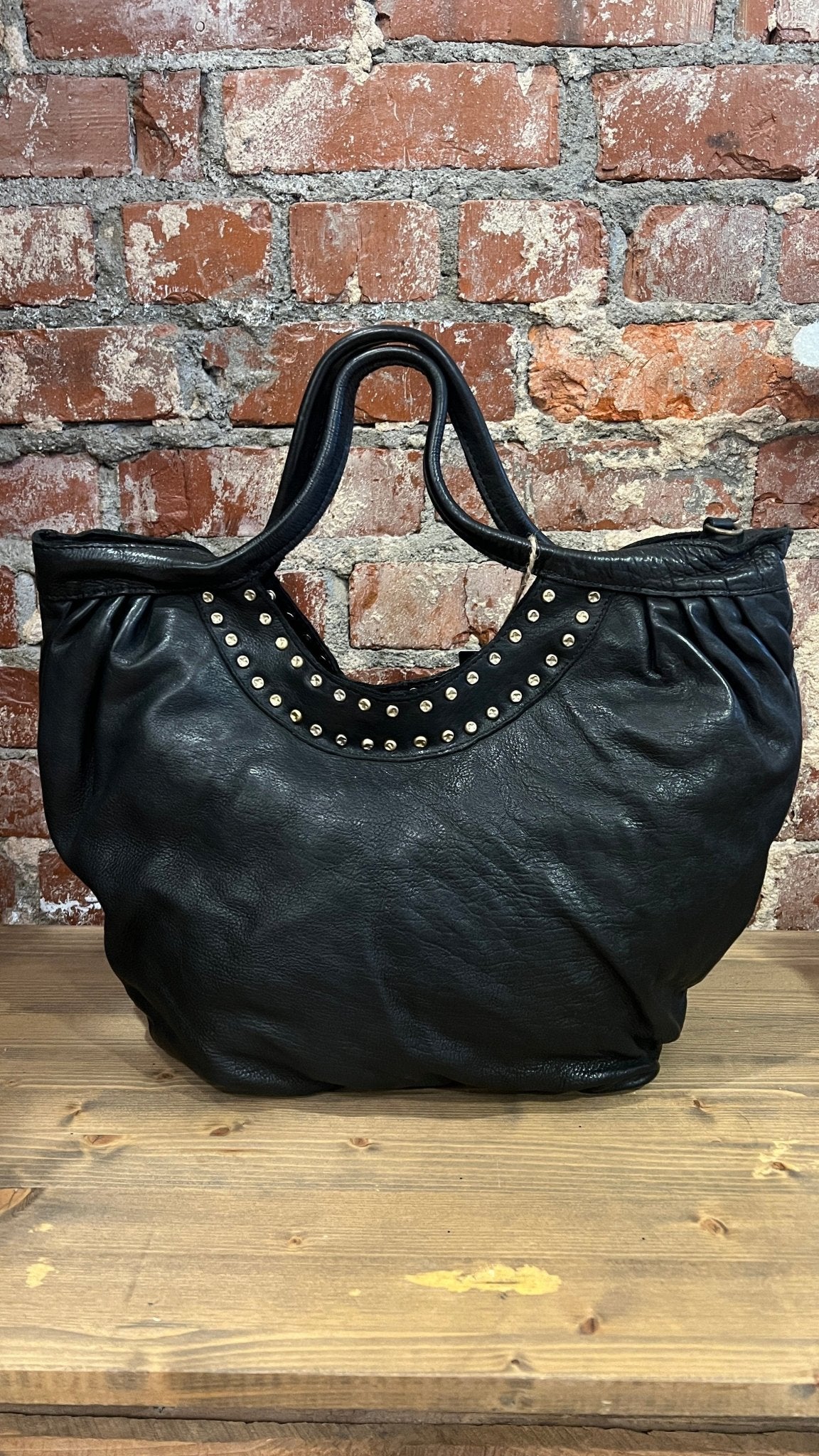 Black Leather Studded Hobo Style Handbag - Rebecca James Clothing