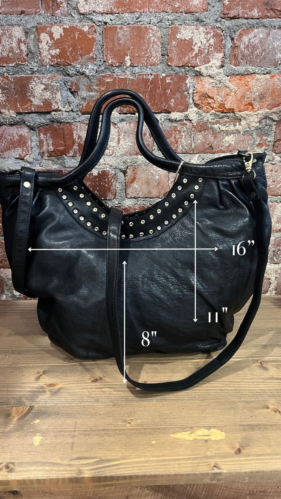 Black Leather Studded Hobo Style Handbag - Rebecca James Clothing