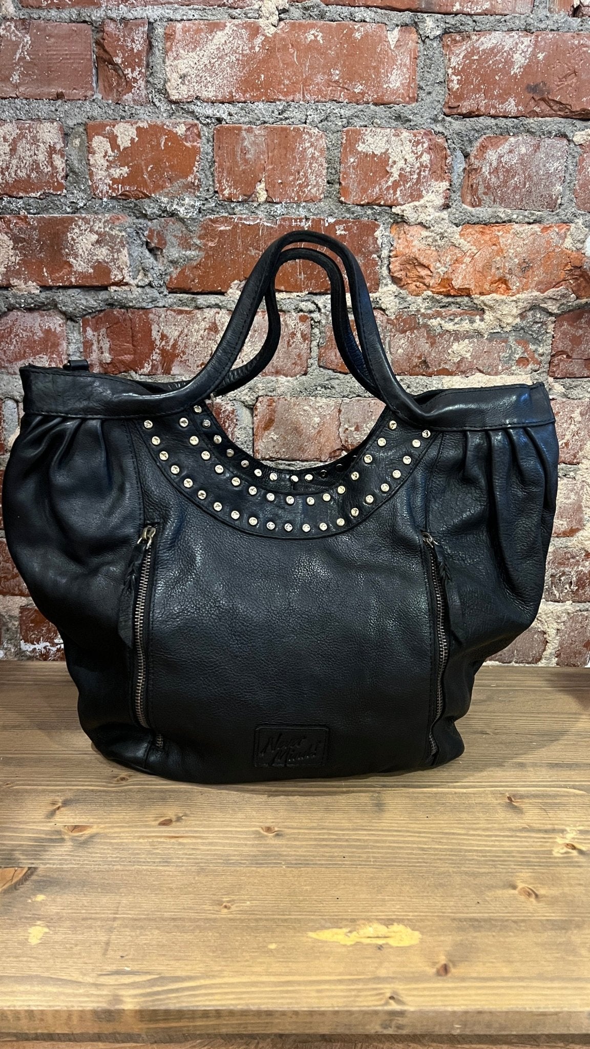 Black Leather Studded Hobo Style Handbag - Rebecca James Clothing