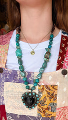 Black Onyx and Turquoise Heart in Tibetan Silver with Chunky Turquosie Beaded Necklace - Rebecca James Clothing