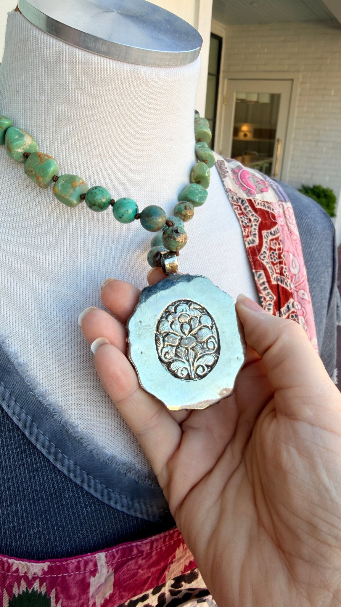 Black Onyx with African Turquoise Set on Hand Beaded Necklace - Rebecca James Clothing