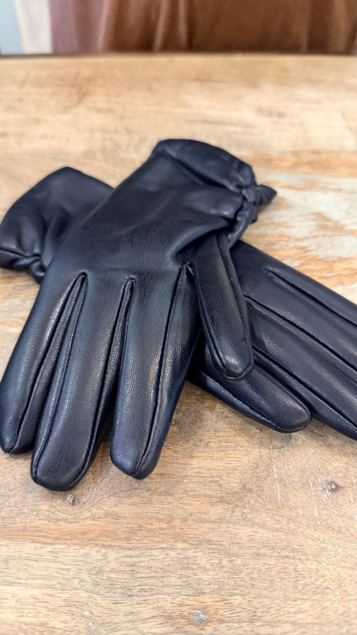Black Vegan Leather Ruched Glove - Rebecca James Clothing