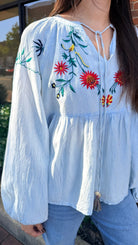 Blue Boho Peasant Top with Colorful Embroidery - Rebecca James Clothing