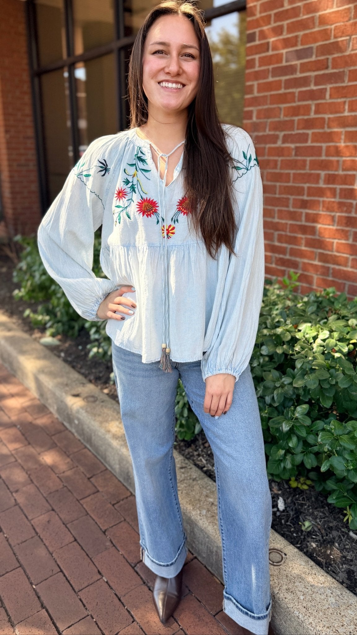 Blue Boho Peasant Top with Colorful Embroidery - Rebecca James Clothing