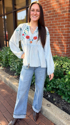Blue Boho Peasant Top with Colorful Embroidery - Rebecca James Clothing