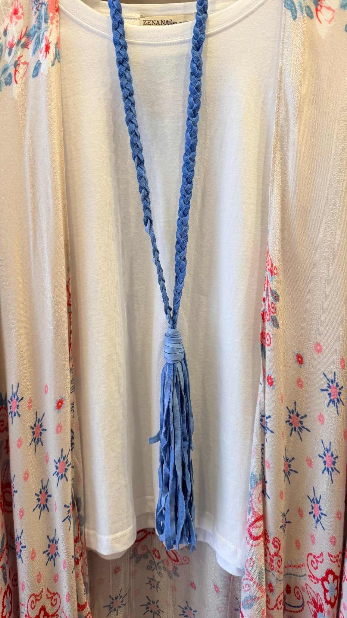 Blue Braided Leather Tassel Necklace - Rebecca James Clothing