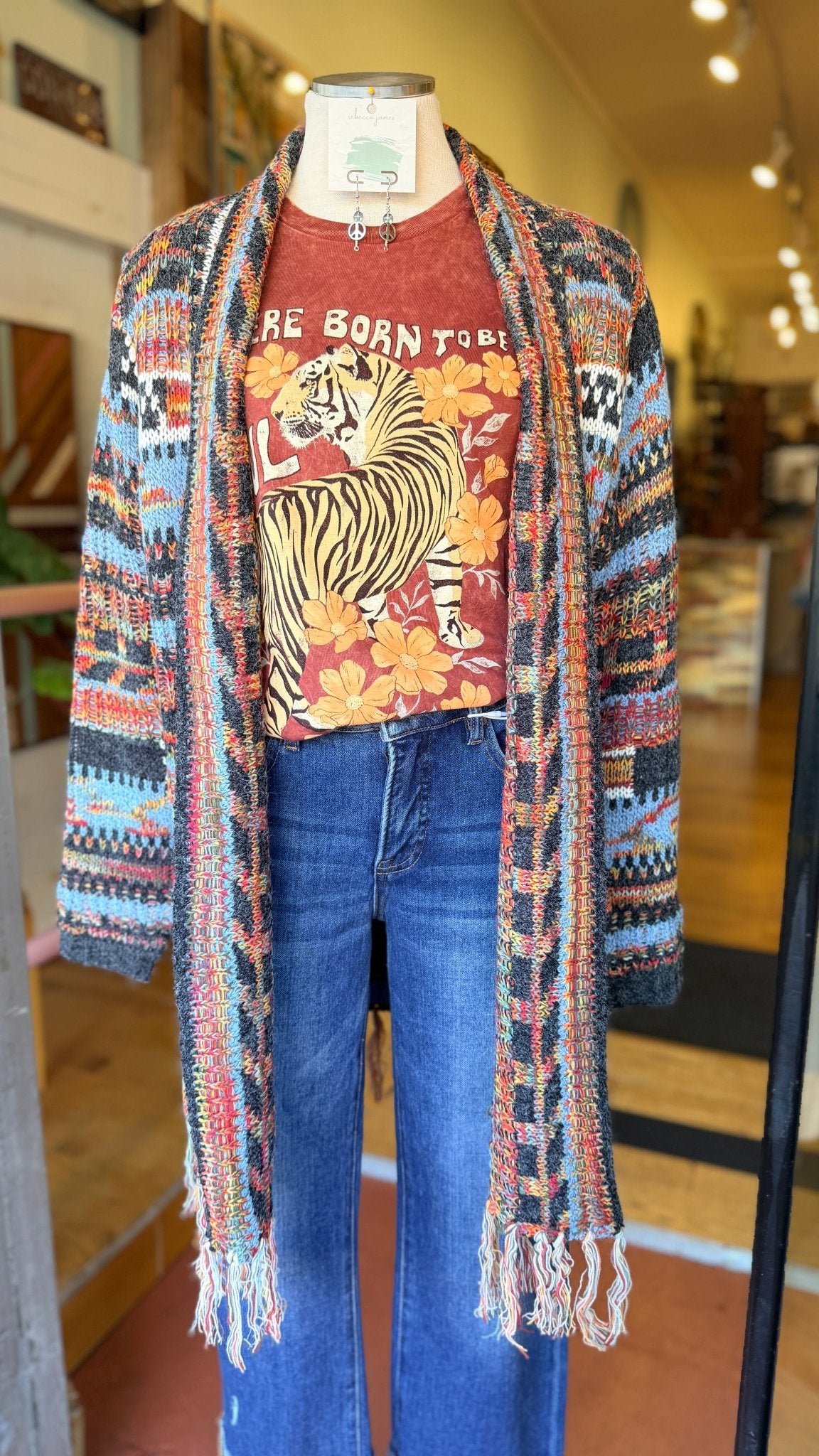 Blue Multi Color Boho Fringe Cardigan - Rebecca James Clothing