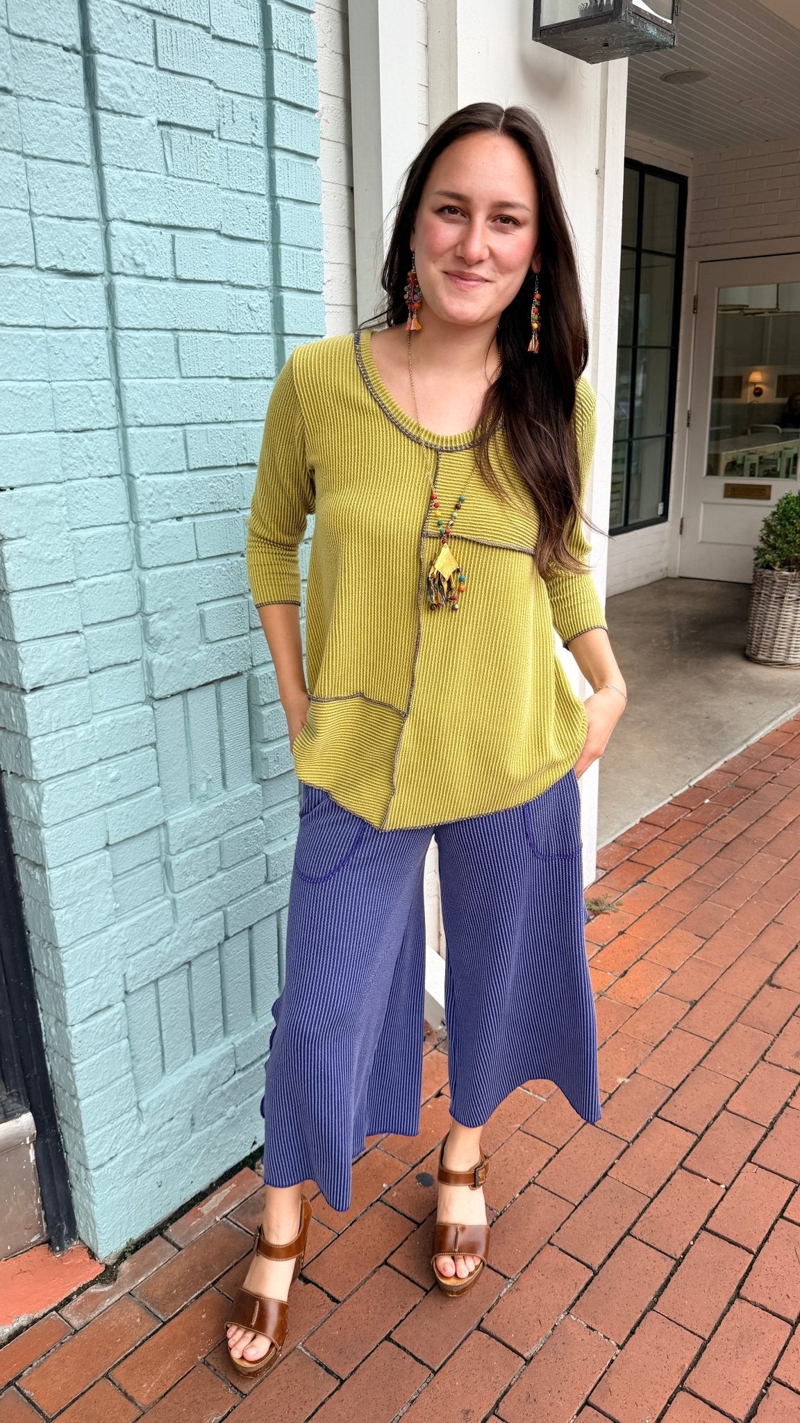 Blue Ribbed Sunny Day Pants by Hand Jive - Rebecca James Clothing