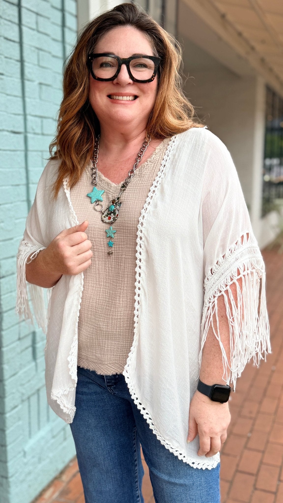 Bohemian Fringe Kimono with Crochet Medallion - Rebecca James Clothing