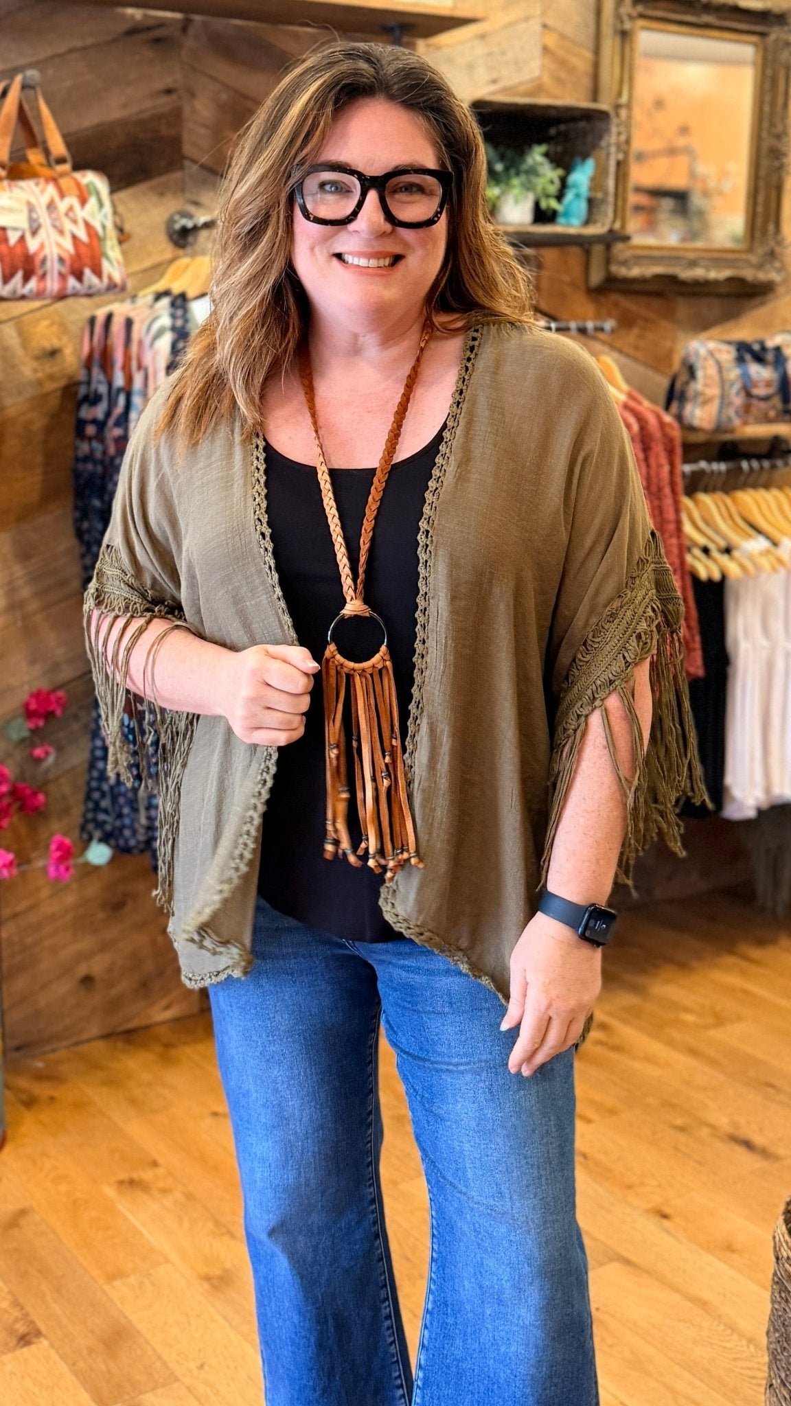 Bohemian Fringe Kimono with Crochet Medallion - Rebecca James Clothing