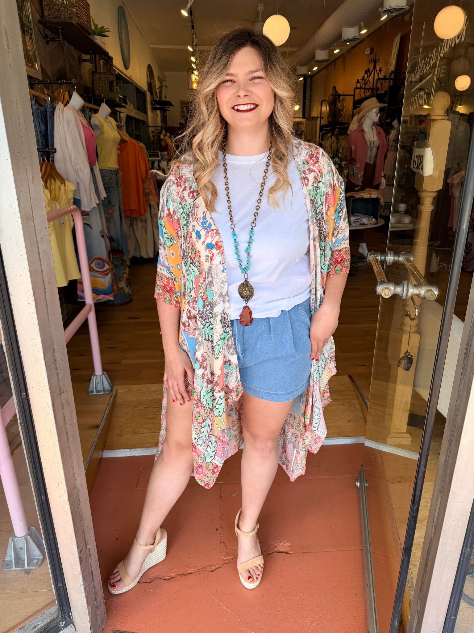 Boho Botanical Multi Colored Mosaic Kimono Wrap - Lightweight Summer Beach Cover - Up - Rebecca James Clothing