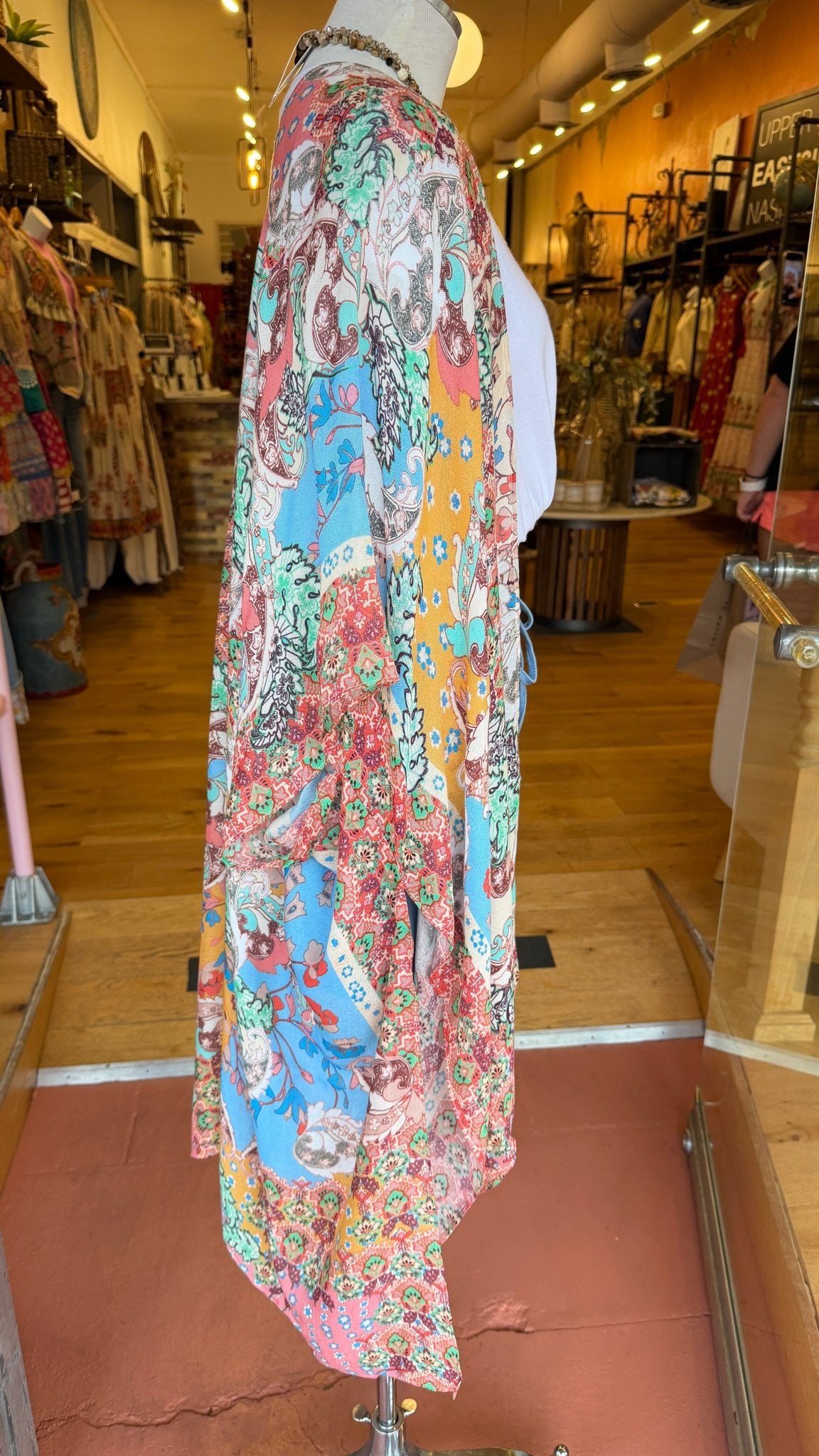 Boho Botanical Multi Colored Mosaic Kimono Wrap - Lightweight Summer Beach Cover - Up - Rebecca James Clothing