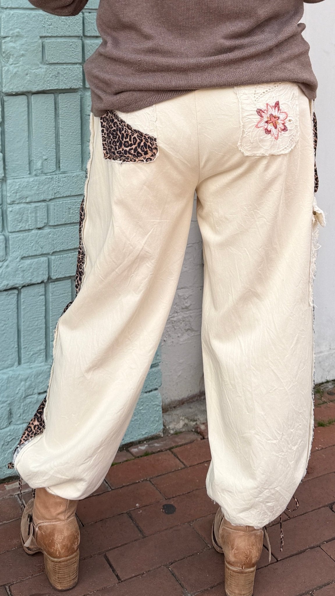 Boho Embroidered Cream Cotton Cargo Joggers - Rebecca James Clothing