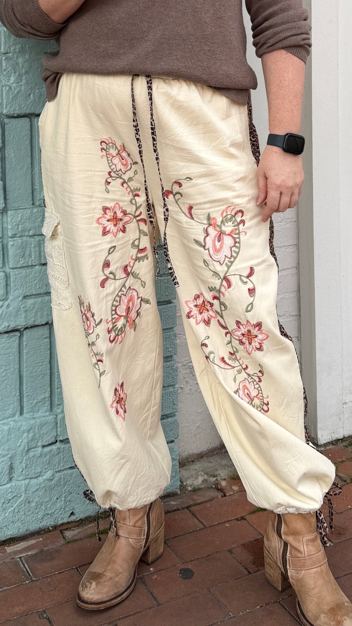 Boho Embroidered Cream Cotton Cargo Joggers - Rebecca James Clothing