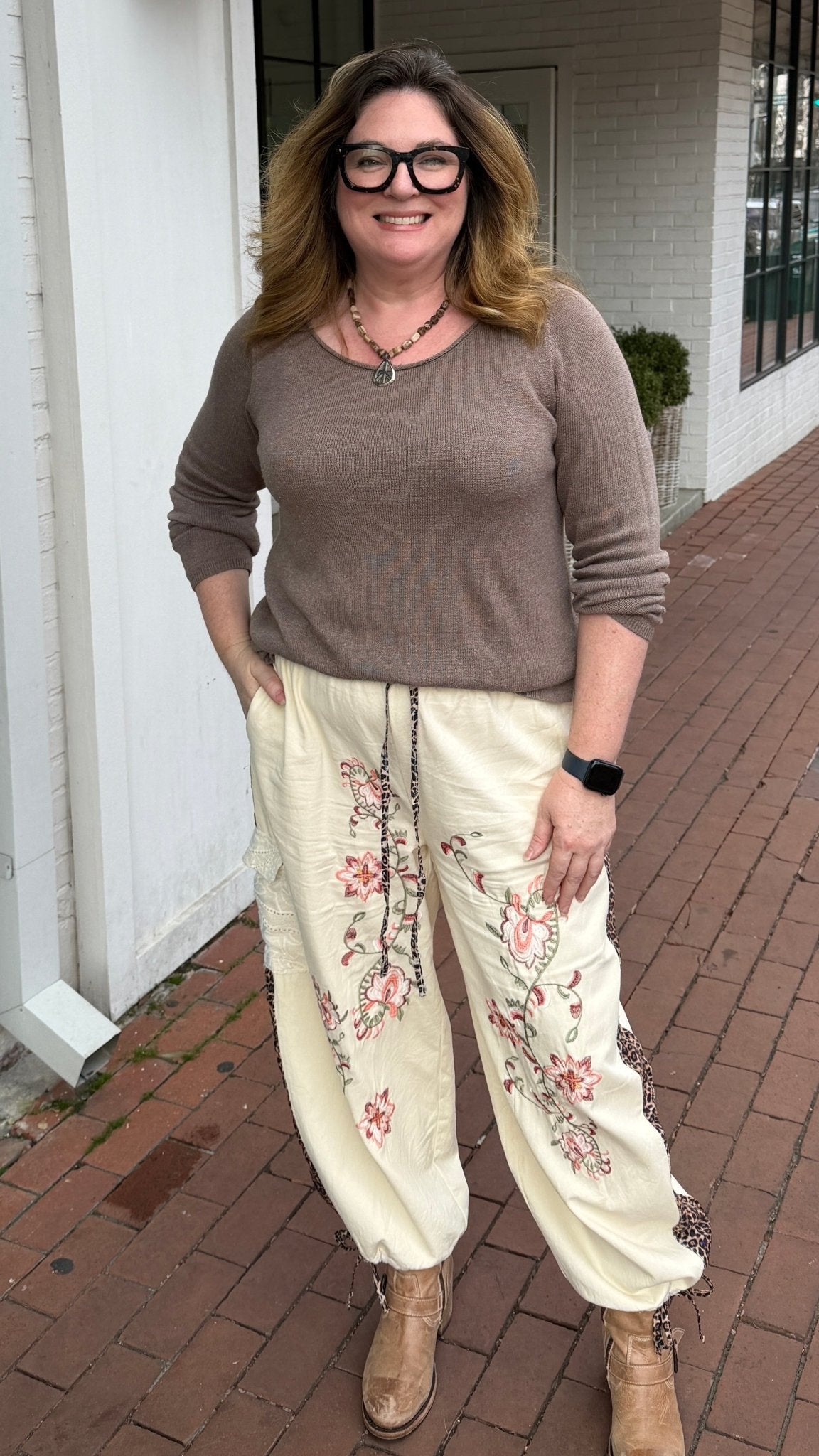 Boho Embroidered Cream Cotton Cargo Joggers - Rebecca James Clothing