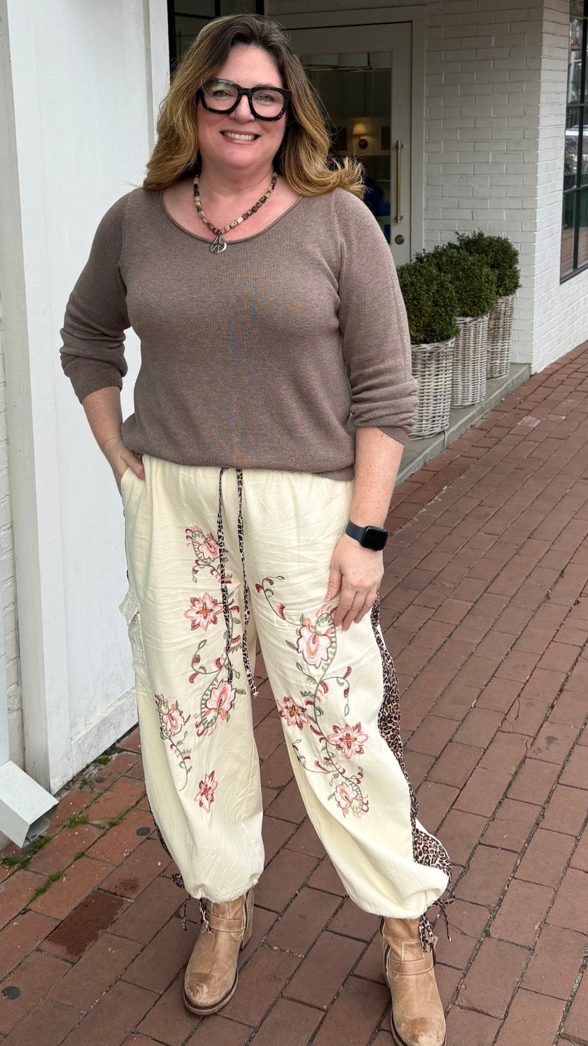 Boho Embroidered Cream Cotton Cargo Joggers - Rebecca James Clothing