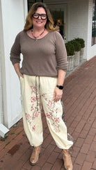 Boho Embroidered Cream Cotton Cargo Joggers - Rebecca James Clothing