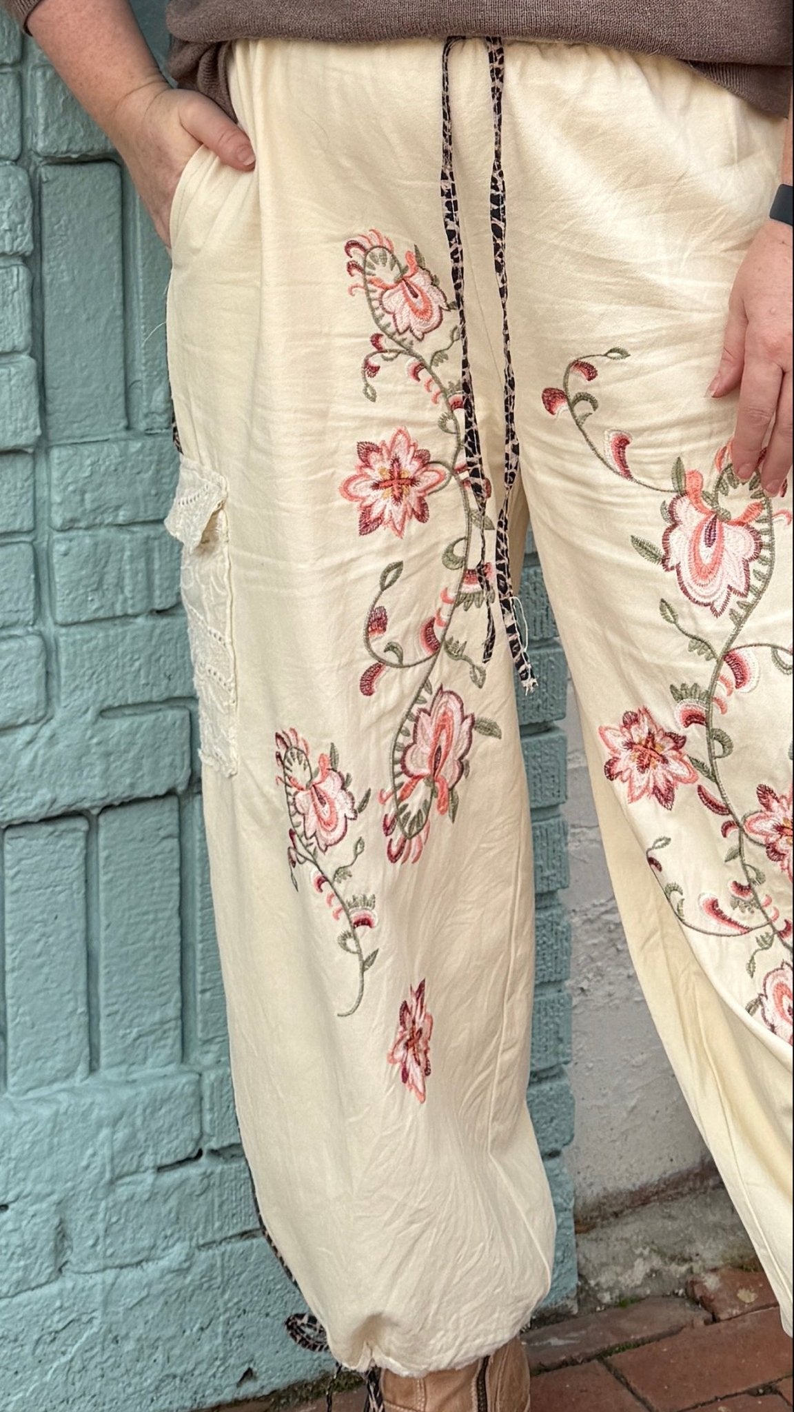 Boho Embroidered Cream Cotton Cargo Joggers - Rebecca James Clothing