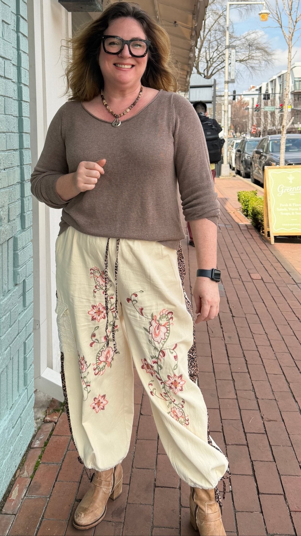 Boho Embroidered Cream Cotton Cargo Joggers - Rebecca James Clothing