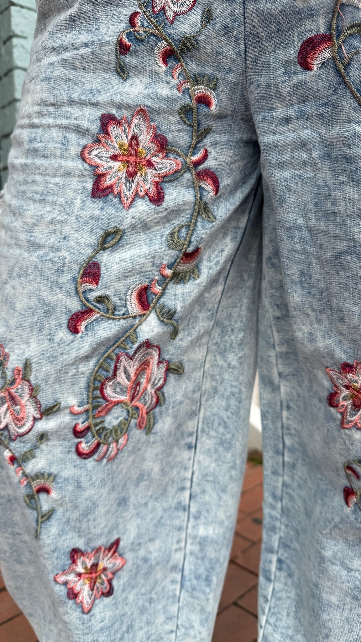 Boho Embroidered Denim Cargo Joggers - Rebecca James Clothing