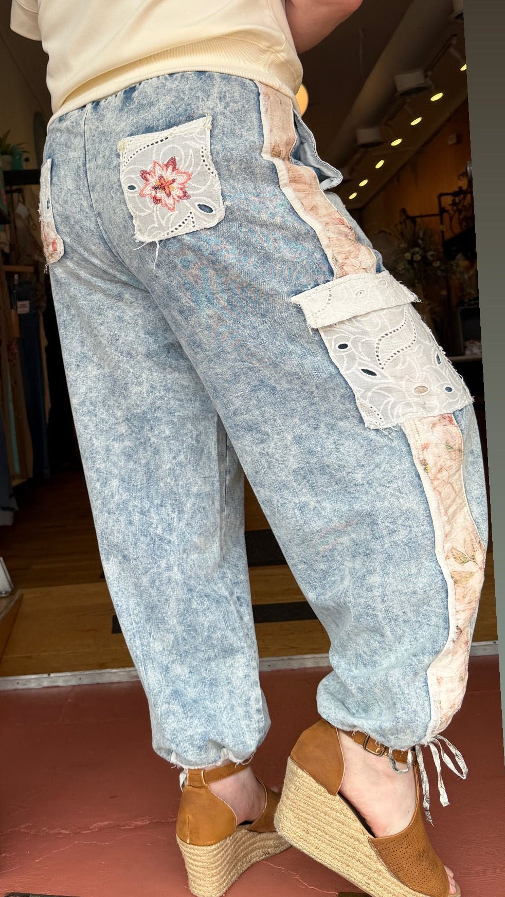 Boho Embroidered Denim Cargo Joggers - Rebecca James Clothing