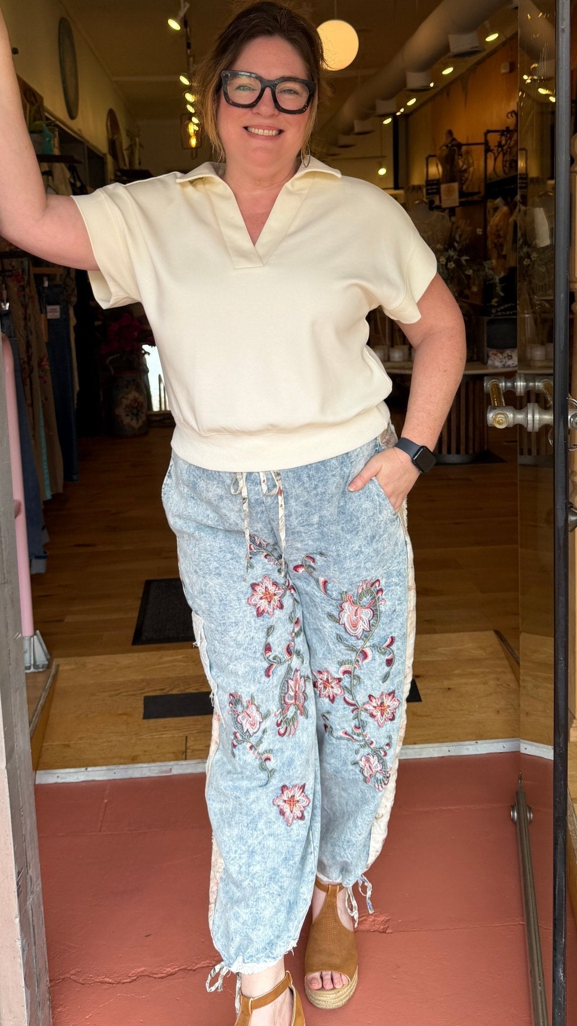 Boho Embroidered Denim Cargo Joggers - Rebecca James Clothing